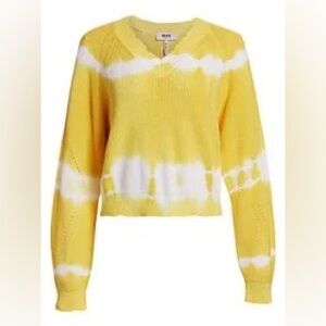 MSGM V-Neck Tie-Dye Knit Sweater Yellow and White Cotton Designer Chunky Boho